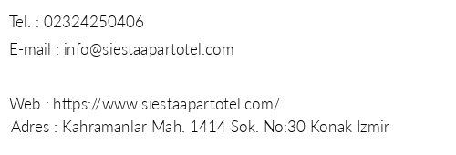 Siesta Apart Otel telefon numaralar, faks, e-mail, posta adresi ve iletiim bilgileri